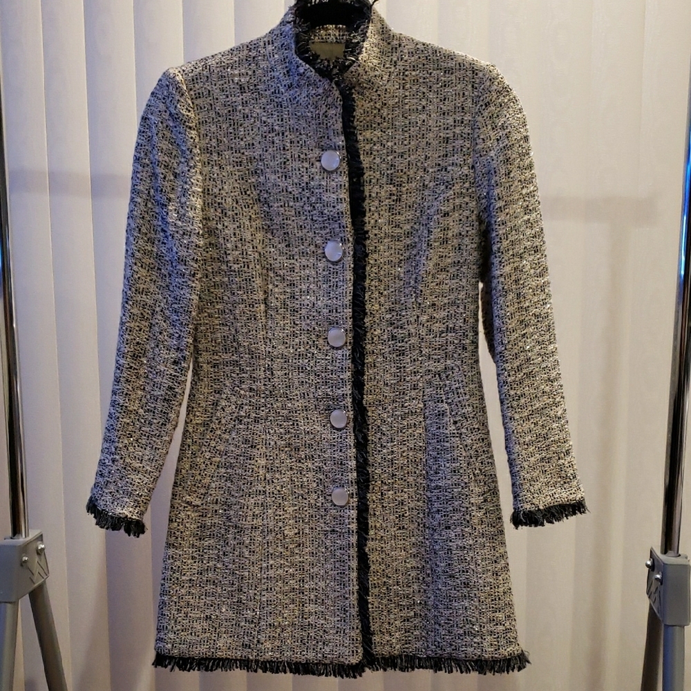 Black and White Textured Blazer with Stand-Up Collar